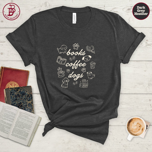 Books Coffee Dogs Doodle Tee