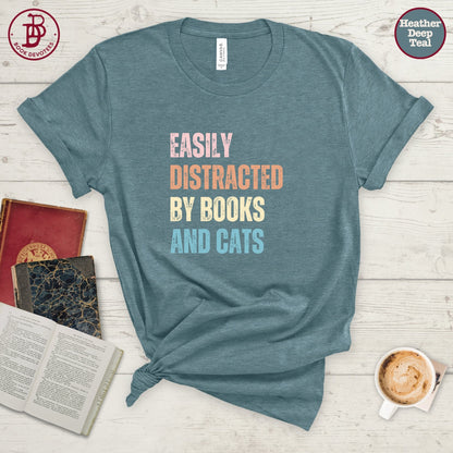 Distracted by Books and Cats Tee