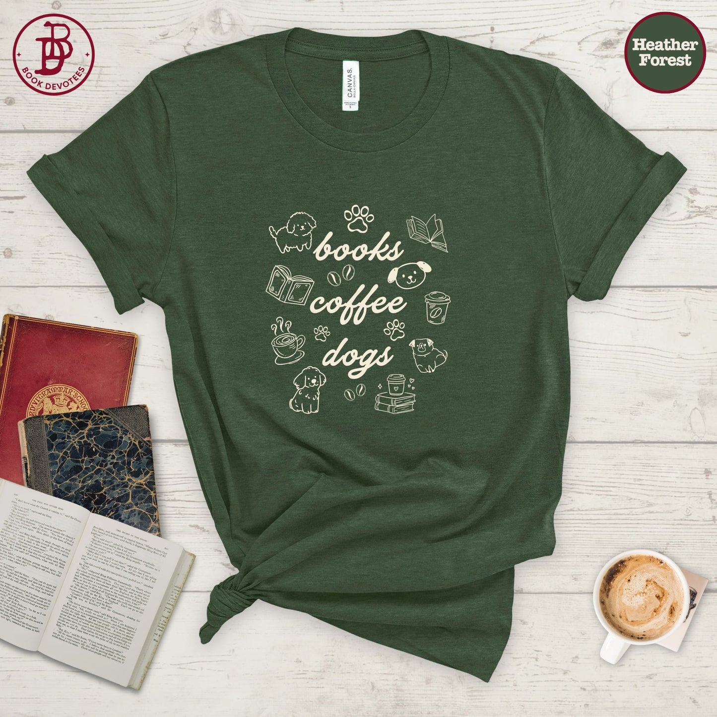 Books Coffee Dogs Doodle Tee