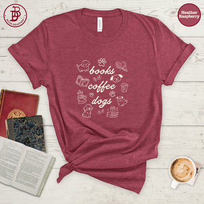 Books Coffee Dogs Doodle Tee