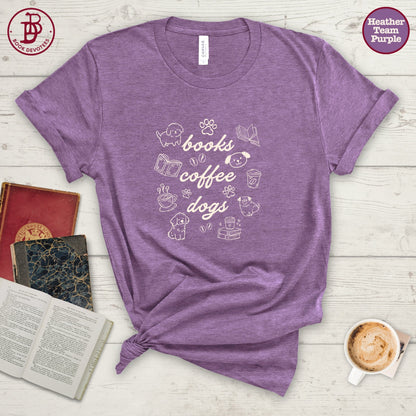Books Coffee Dogs Doodle Tee