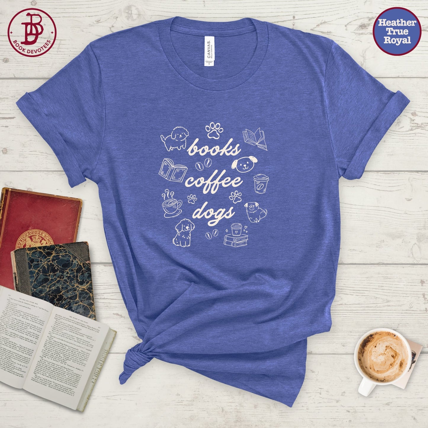Books Coffee Dogs Doodle Tee