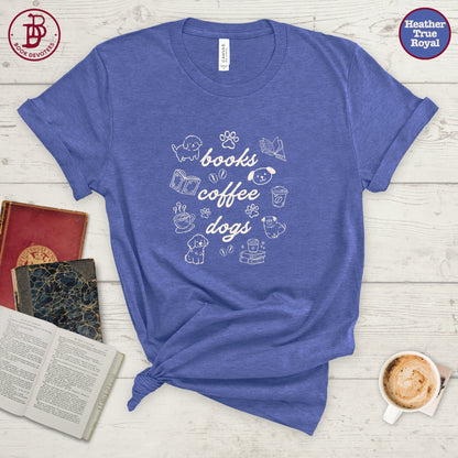Books Coffee Dogs Doodle Tee