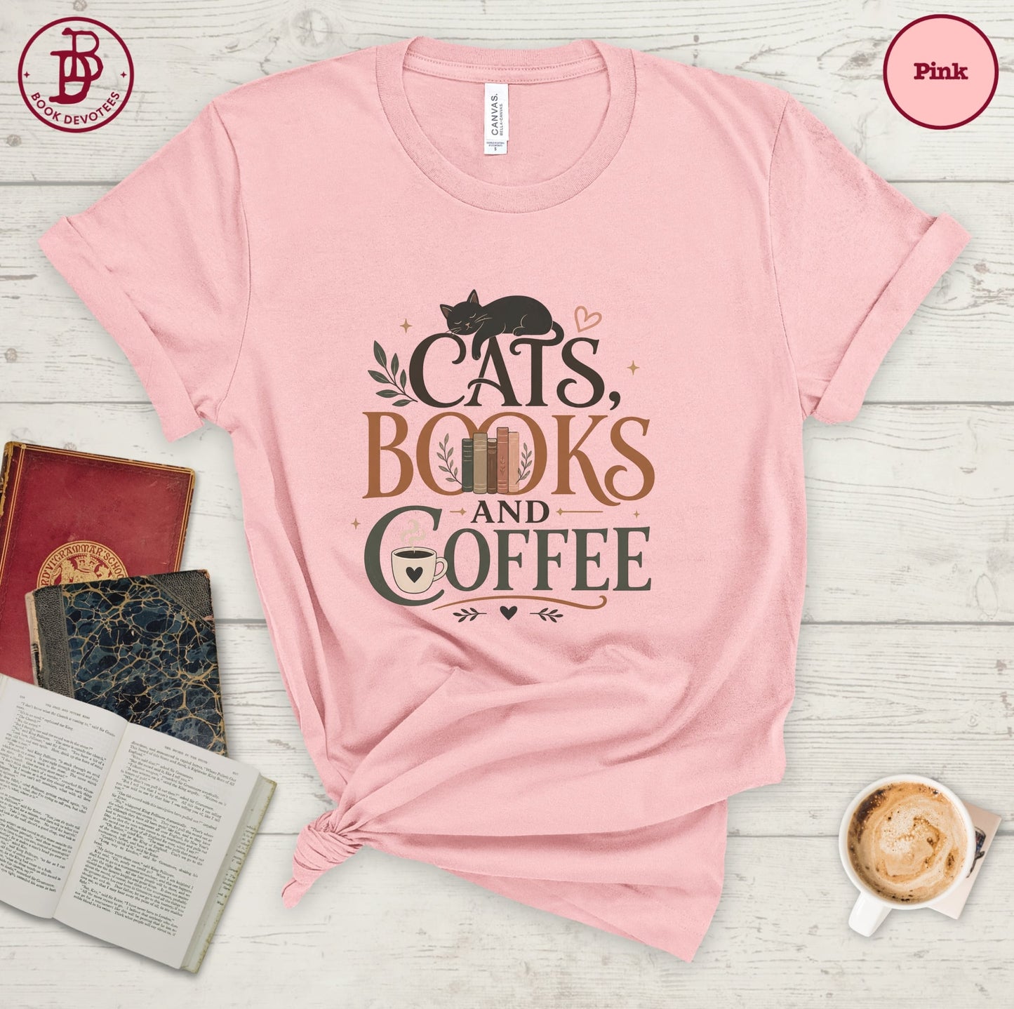 Cats Books and Coffee Tee